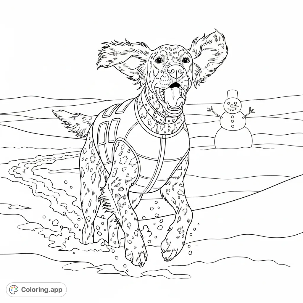 Capture the delight of a speckled dog bounding through a snow-covered landscape. Features floppy ears, a segmented vest, and kicked-up snow.