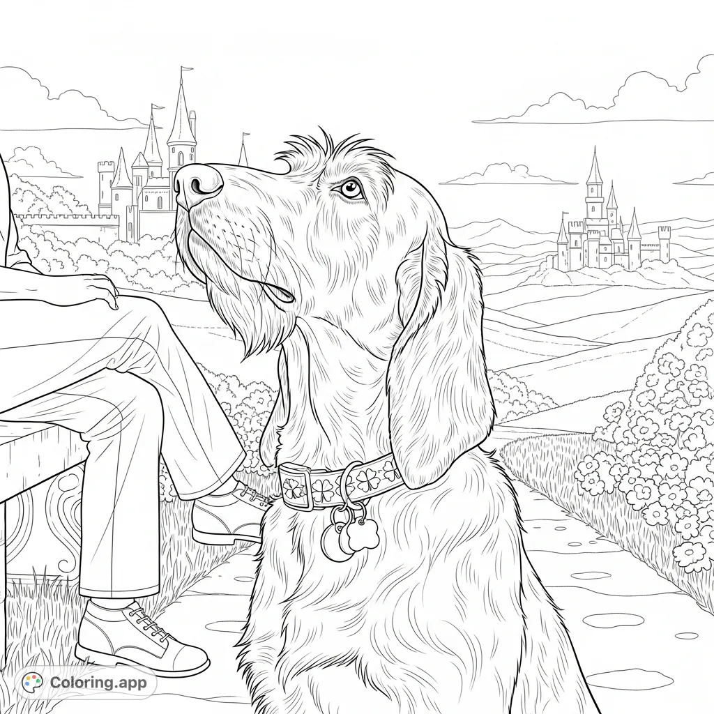 A loyal dog with floppy ears and shaggy fur sits by a garden path, gazing towards majestic, spire-topped castles in a distant, rolling landscape. A person's legs rest on a bench nearby.