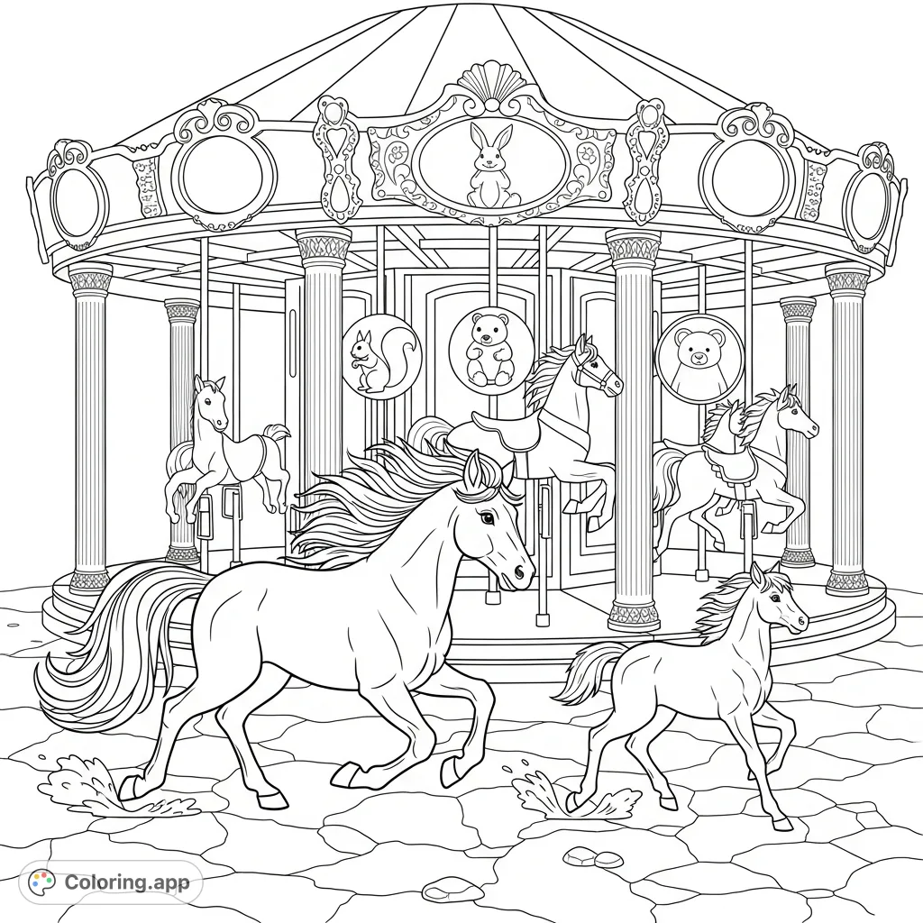 Witness majestic equines galloping with energy before an ornate carousel, while whimsical animal silhouettes spin inside. A dynamic and detailed scene.
