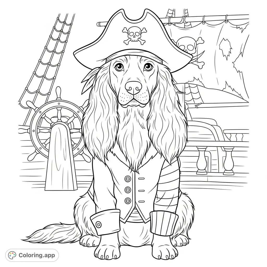 An adorable long-haired spaniel in a detailed pirate costume, complete with a tricorn hat and skull and crossbones emblem. A fun, whimsical coloring page!