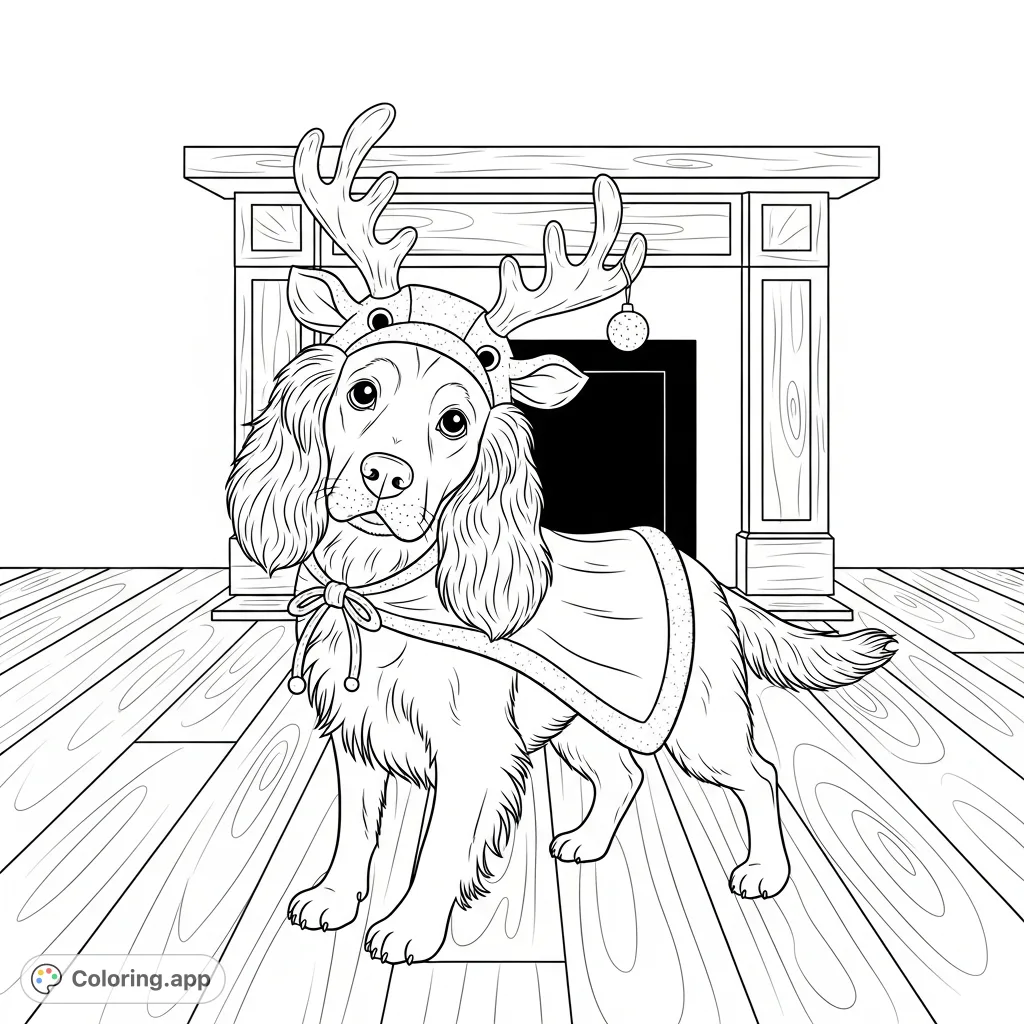 A cheerful spaniel in an adorable reindeer costume, leaning playfully on a wooden floor, with a cozy fireplace in the background. Perfect for holiday coloring fun.
