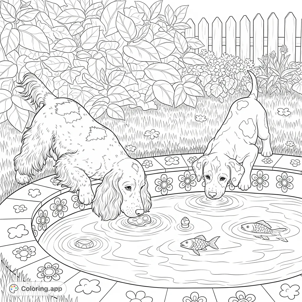 A heartwarming scene of a speckled dog and a patched puppy curiously exploring a patterned oval pool in a grassy yard, perfect for animal lovers!