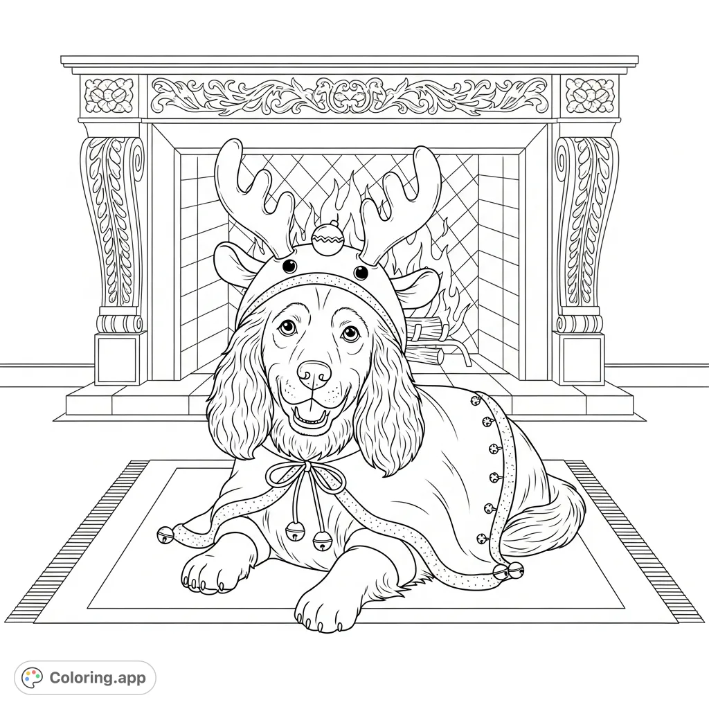 A charming spaniel in a detailed reindeer costume, peacefully resting on a soft rug by a grand fireplace. A delightful holiday coloring page!