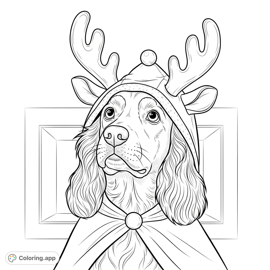 A charming spaniel-like dog dressed in an adorable reindeer costume, complete with antlers and a hood, captured in a delightful close-up. Perfect for holiday coloring fun!