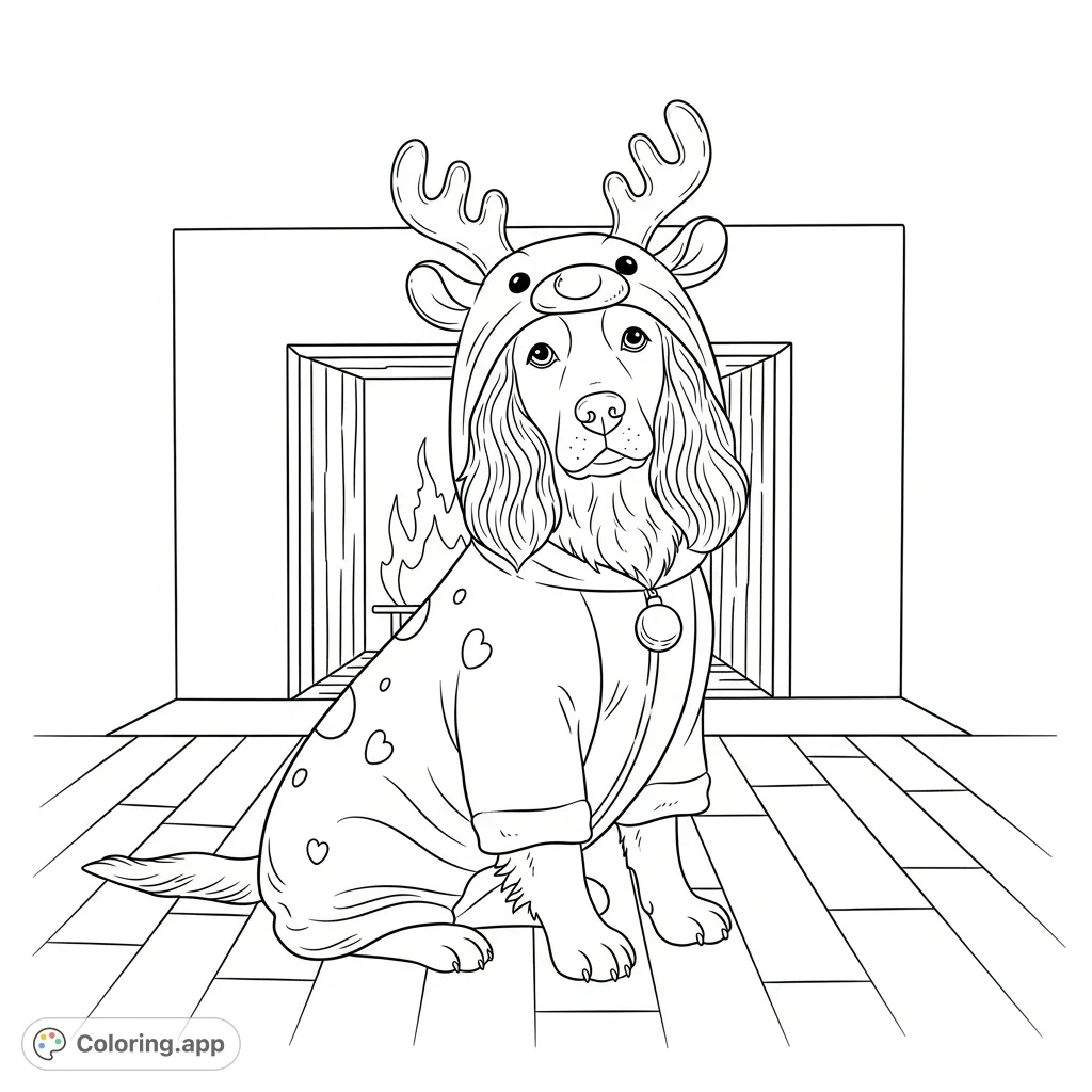 A calm spaniel-like dog wears a textured reindeer costume, framed by a soft fireplace glow and patterned floor planks. A cozy, festive scene.