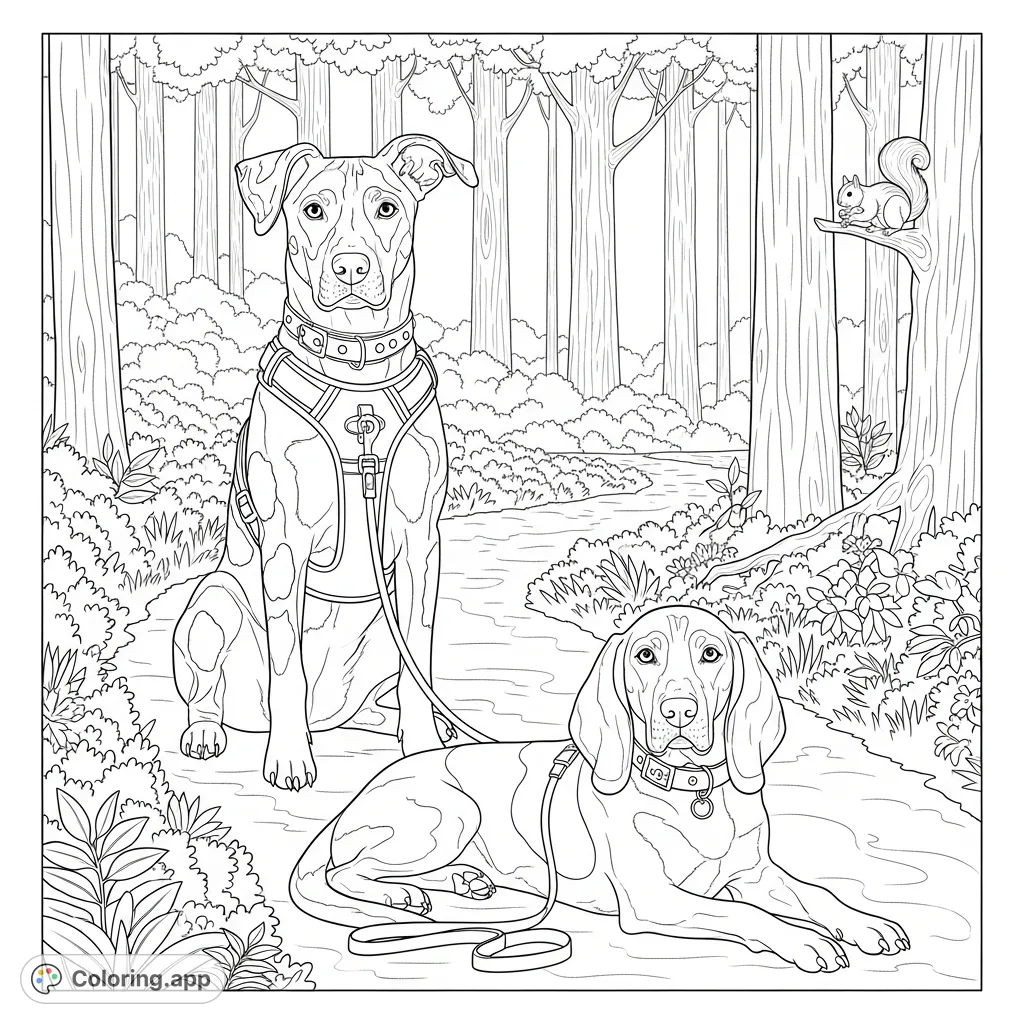 Two friendly canines, one seated and one lounging, are ready for coloring amidst a detailed forest path with dense undergrowth and tall trees.