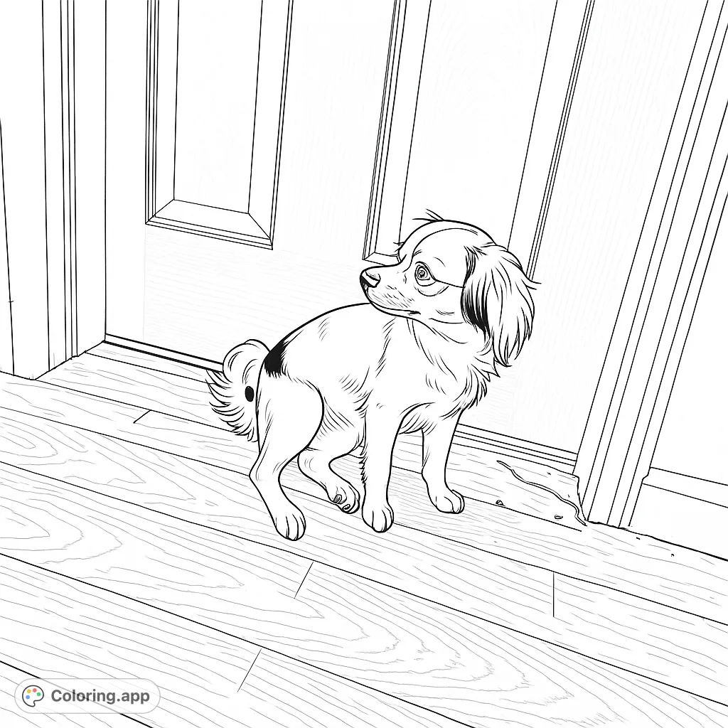 A charming fluffy dog sits patiently on a textured wooden floor next to a paneled door, awaiting its next adventure. Perfect for all ages.