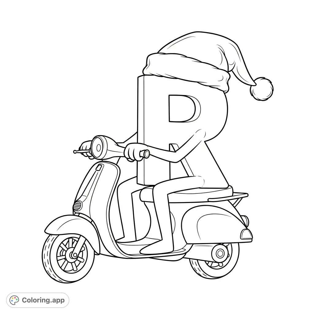 A quirky letter R character, complete with a Santa hat, zips along on a scooter, ready for festive adventures and creative coloring fun. A unique brain rot character coloring page.