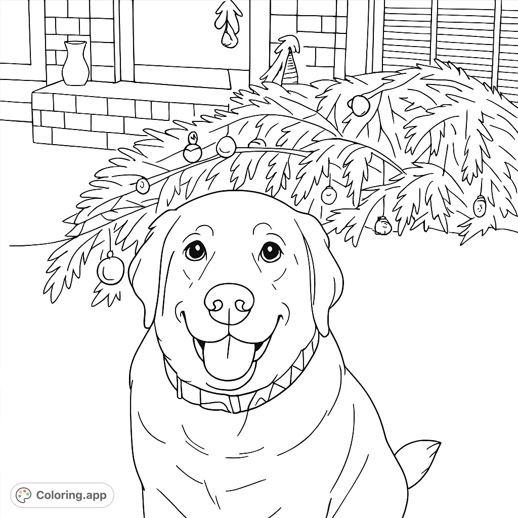 A joyful Labrador Retriever sits in front of a decorated fallen tree, ready for festive coloring. Perfect for dog lovers and holiday enthusiasts!