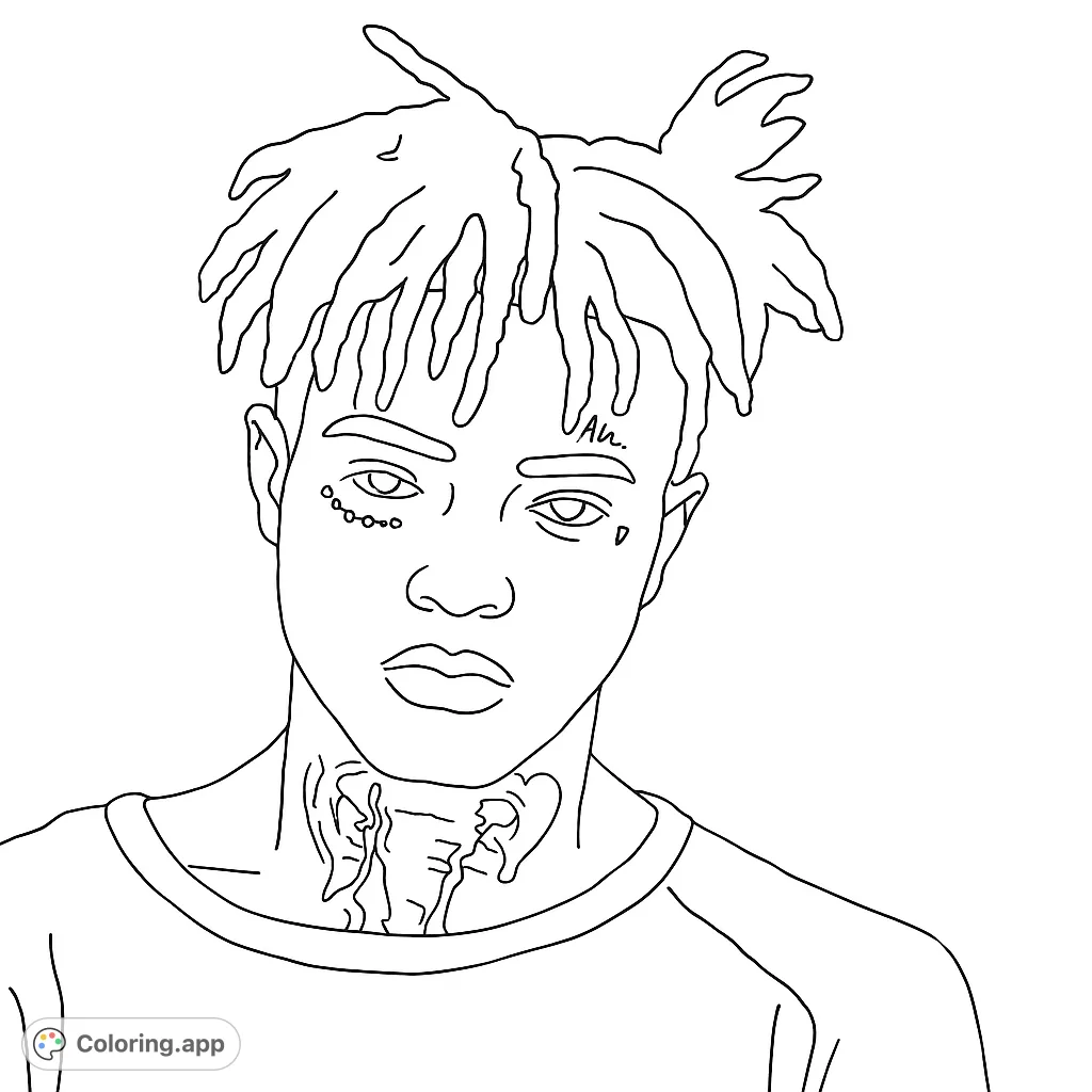 An expressive portrait of a person with intricate dreadlocks, distinctive facial markings, and detailed neck tattoos, perfect for creative coloring.