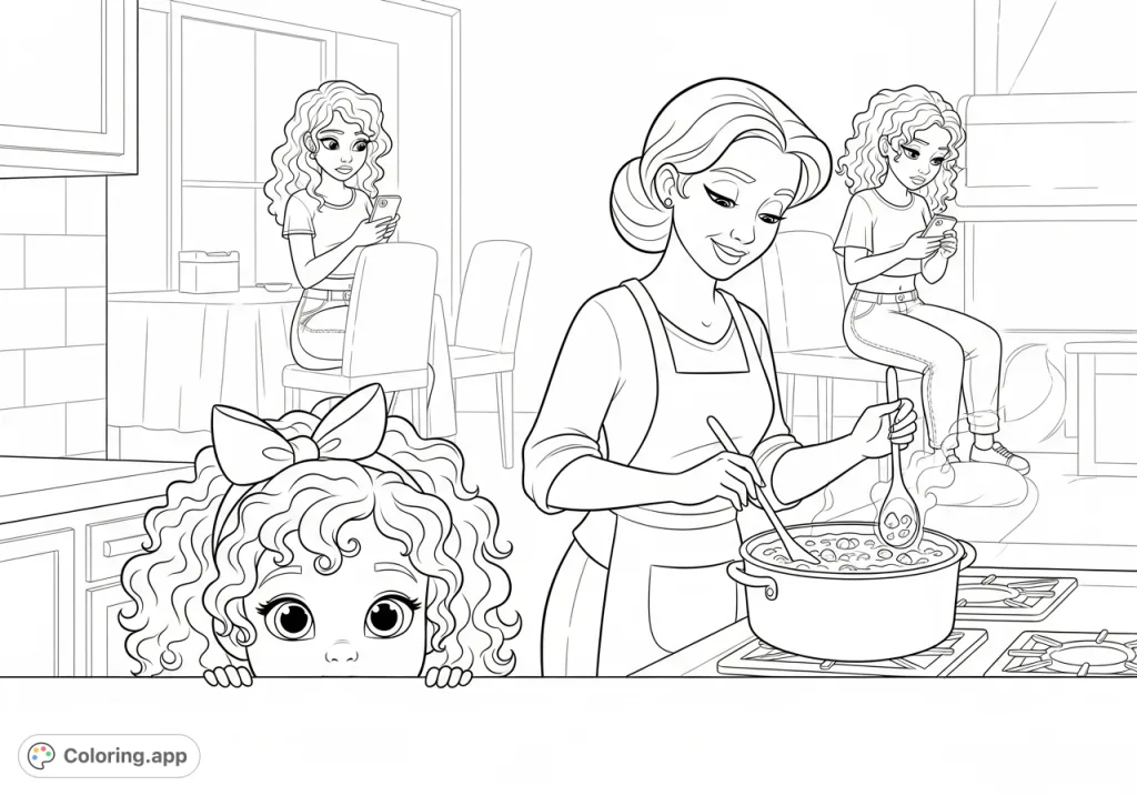 A heartwarming family kitchen scene featuring a young girl, her mother stirring gumbo, and an older sister engrossed in her phone. Perfect for all ages.
