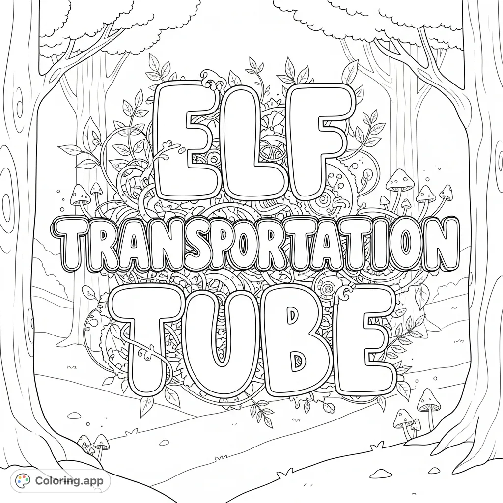 Unleash your creativity with this unique Elf Transportation Tube coloring page, featuring bold, colorable text amidst magical elven forest details.