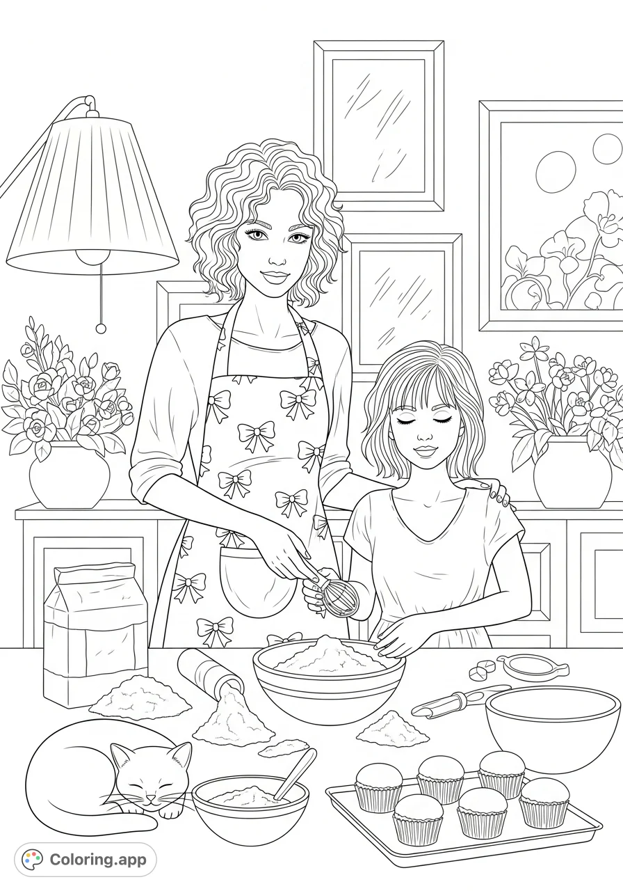 A delightful baking together coloring page featuring two women, a playful cat, and kitchen essentials in a cozy setting. Perfect for all ages!