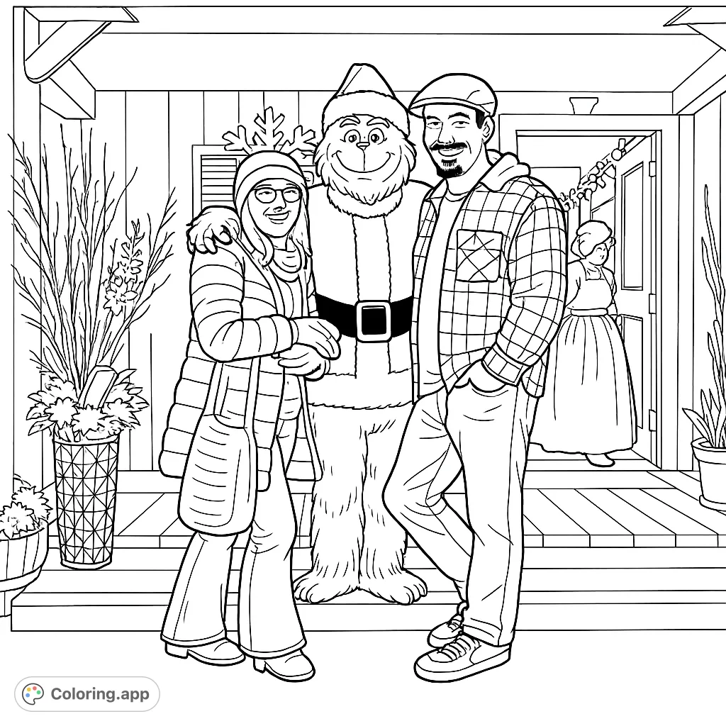 A festive holiday scene featuring a popular furry character in a Santa suit with two friends on a decorated porch, perfect for spreading cheer.