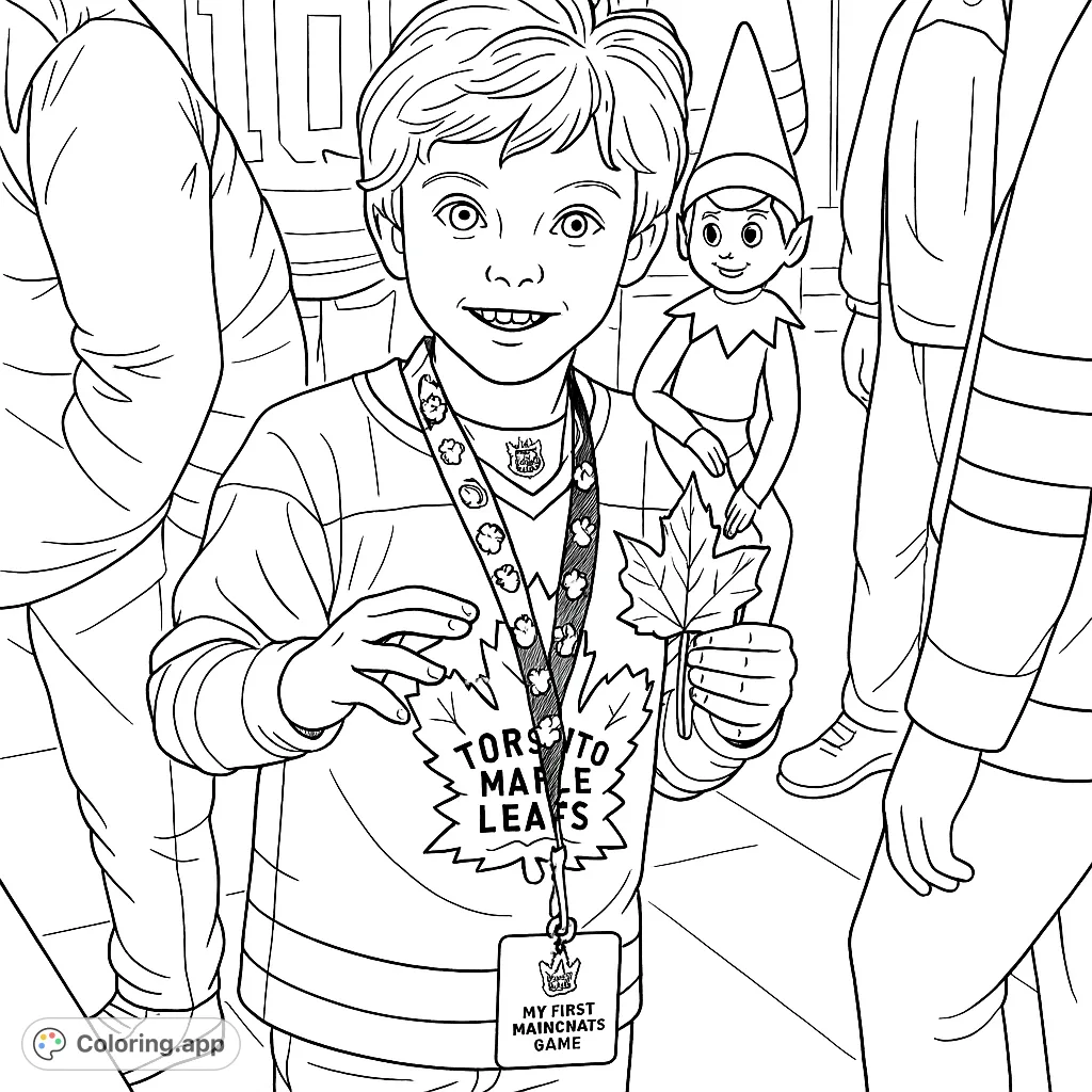 A joyful hockey fan boy in his jersey, holding a leaf, with an Elf on the Shelf on his shoulder. A fun, free printable hockey coloring page for kids.