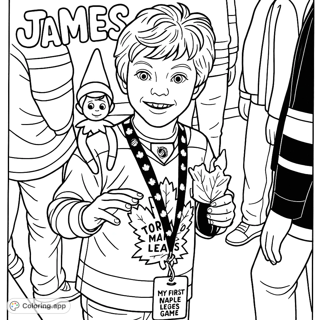 A cheerful young hockey fan, James, in his team jersey, holds a leaf, with an elf on his shoulder. Perfect for sports enthusiasts and those who love whimsical additions!