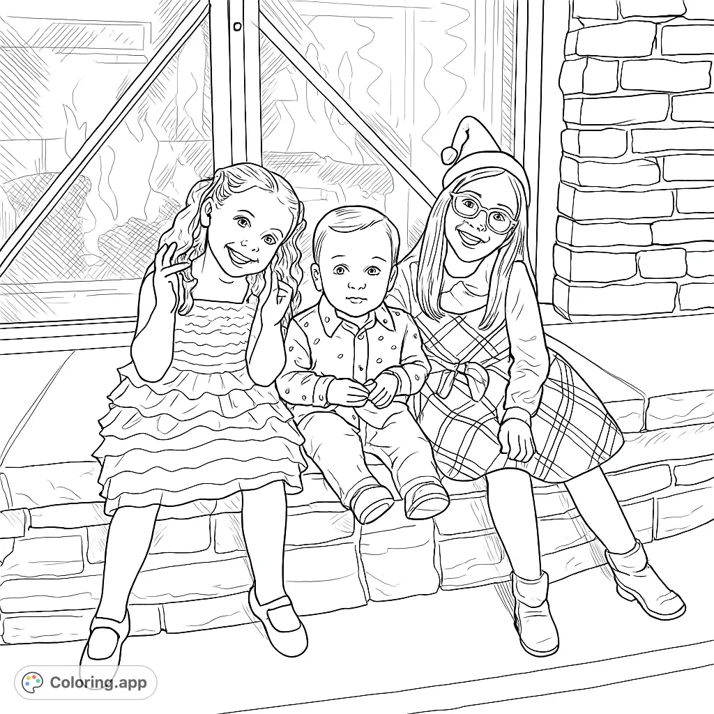Three smiling children, two girls and a boy, pose by a warm fireplace on a stone hearth. A delightful family scene perfect for coloring.