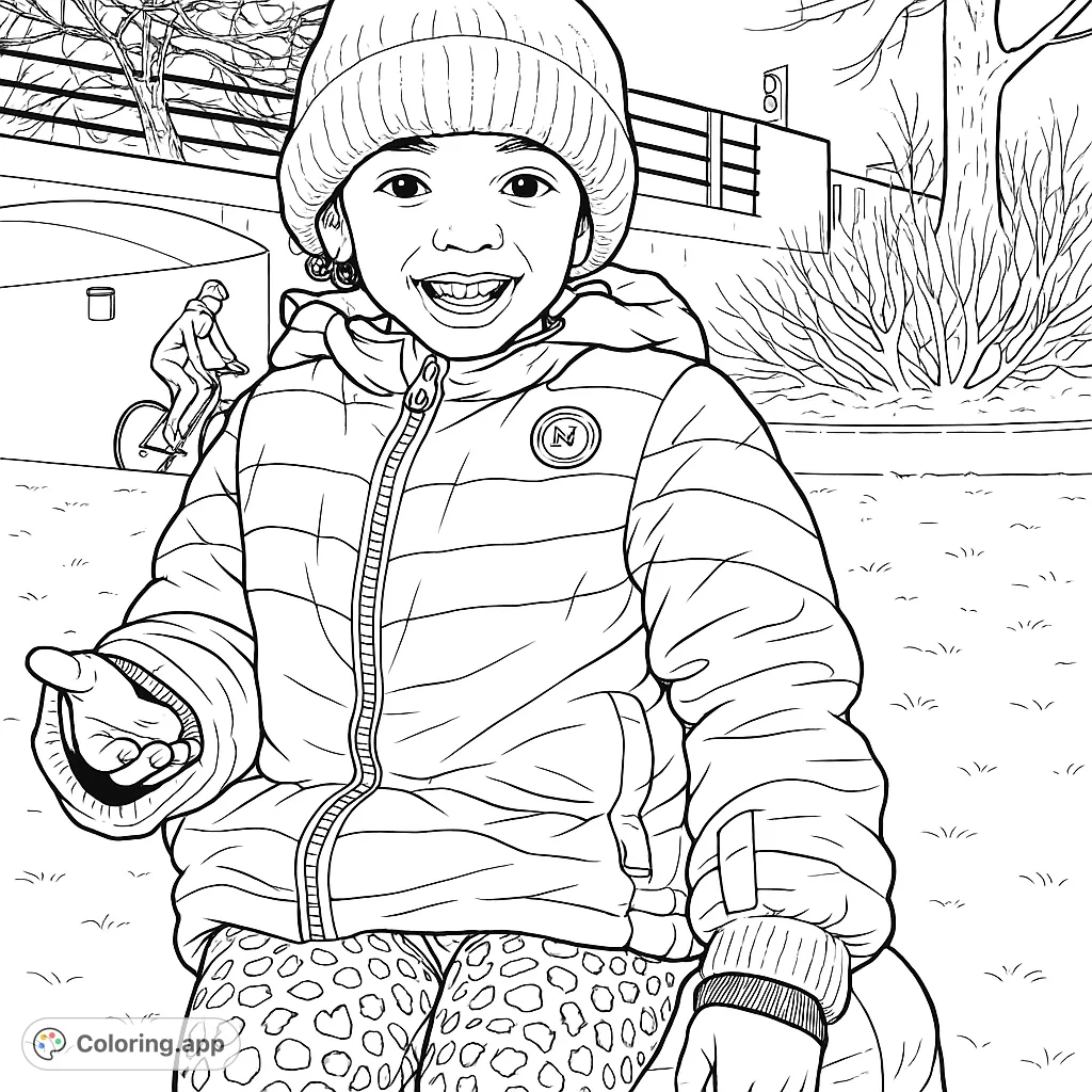 A cheerful child bundled up in a cozy jacket and hat, smiling brightly outdoors. Features a background with a tunnel and a person on a bike.