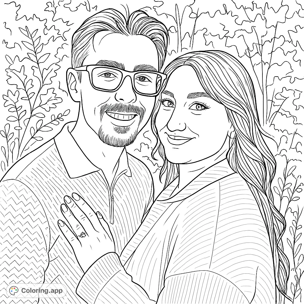 Capture the warmth of a loving couple with this detailed portrait coloring page. Features expressive faces, textured clothing, and a beautiful natural setting.