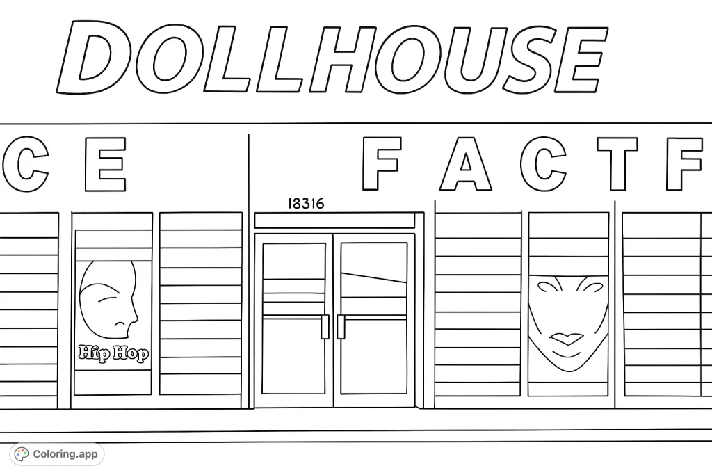 Explore an urban storefront with a prominent "DOLLHOUSE" sign and detailed window reflections, perfect for an engaging coloring page.