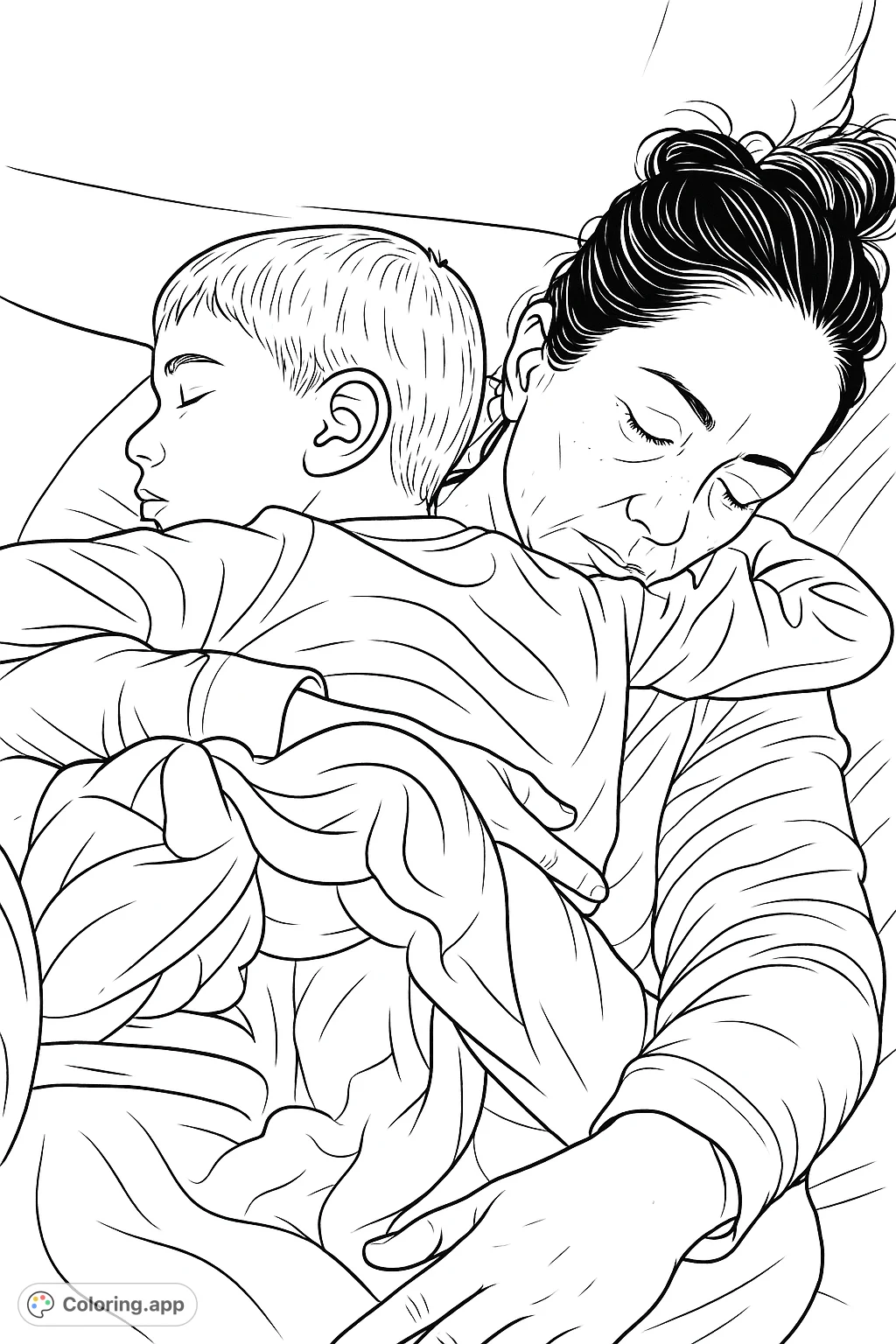 A tender scene of a woman and child peacefully sleeping, snuggled together on a sofa under a soft blanket, evoking warmth and affection.