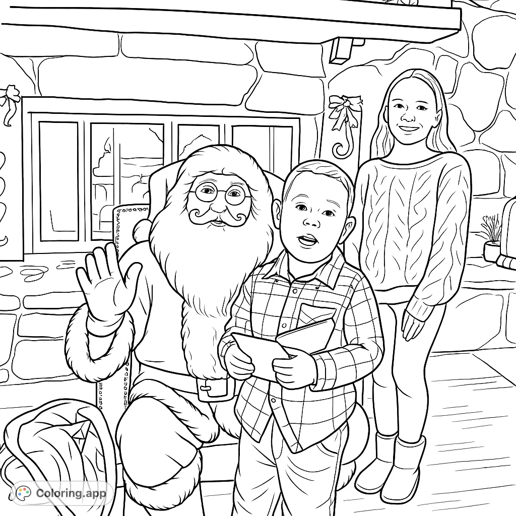 Capture holiday joy! A classic Santa Claus scene with two children, a cozy fireplace, and festive decorations for a heartwarming coloring experience.