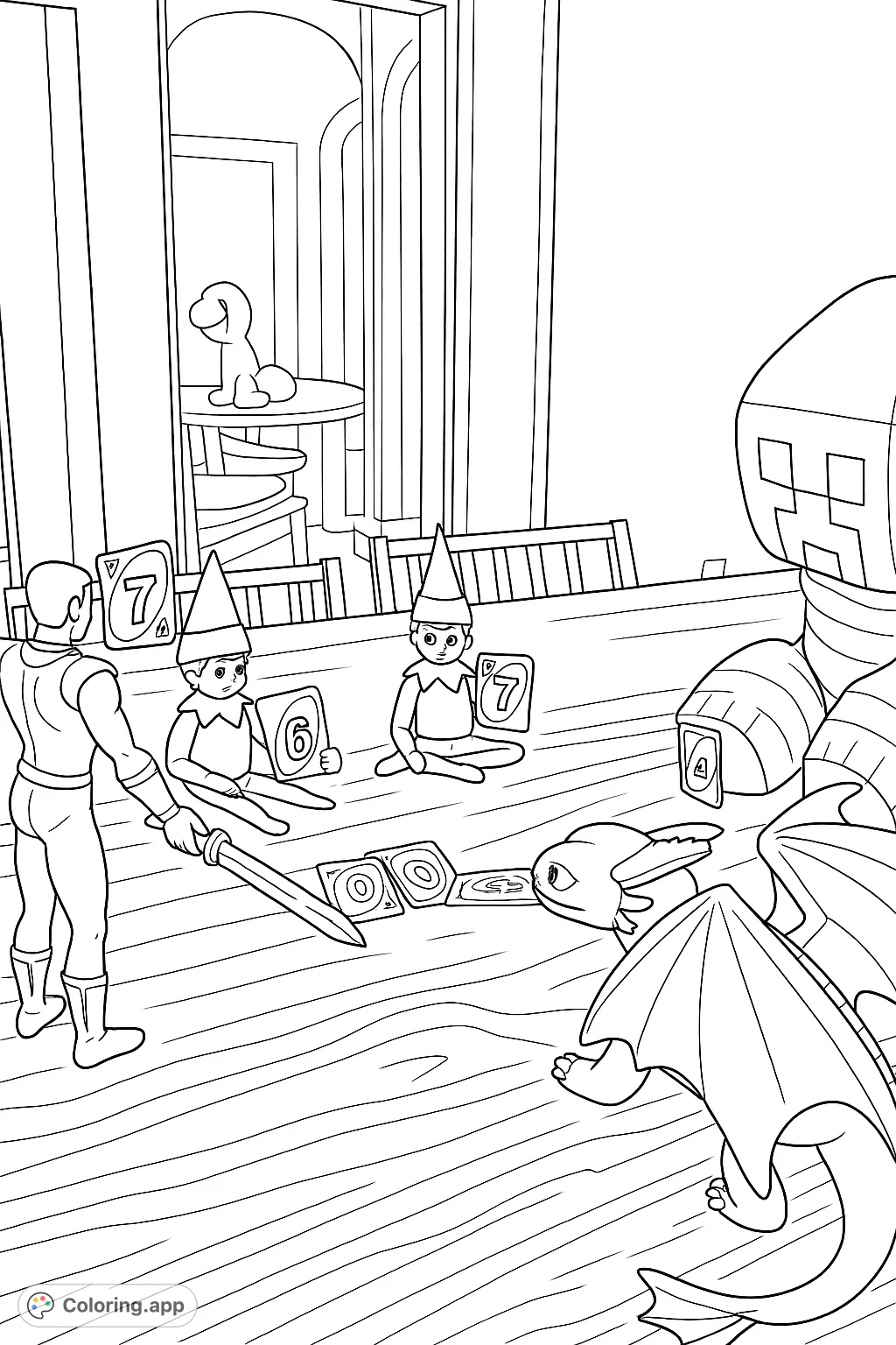 Join Black Panther, mischievous elves, a dragon, and a pixelated creature for an exciting card game on a wooden table. A fun coloring adventure awaits!