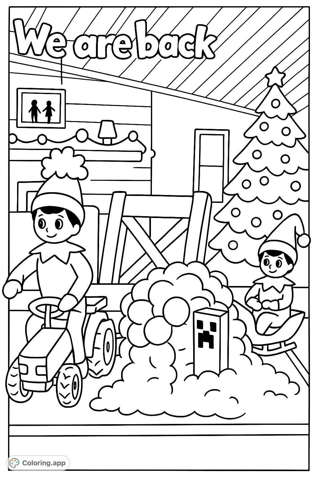 Join two cheerful elves on a festive winter adventure, one driving a tractor, the other exploring a fluffy snow scene. A delightful Christmas coloring page for kids.