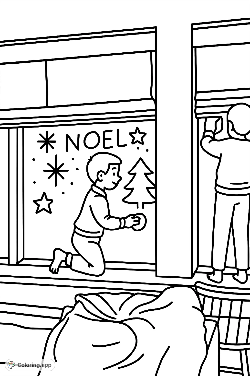 Get ready for holiday cheer! This Christmas themed coloring page features children making windows sparkle, perfect for festive decorations. A fun, simple, free printable activity for kids.