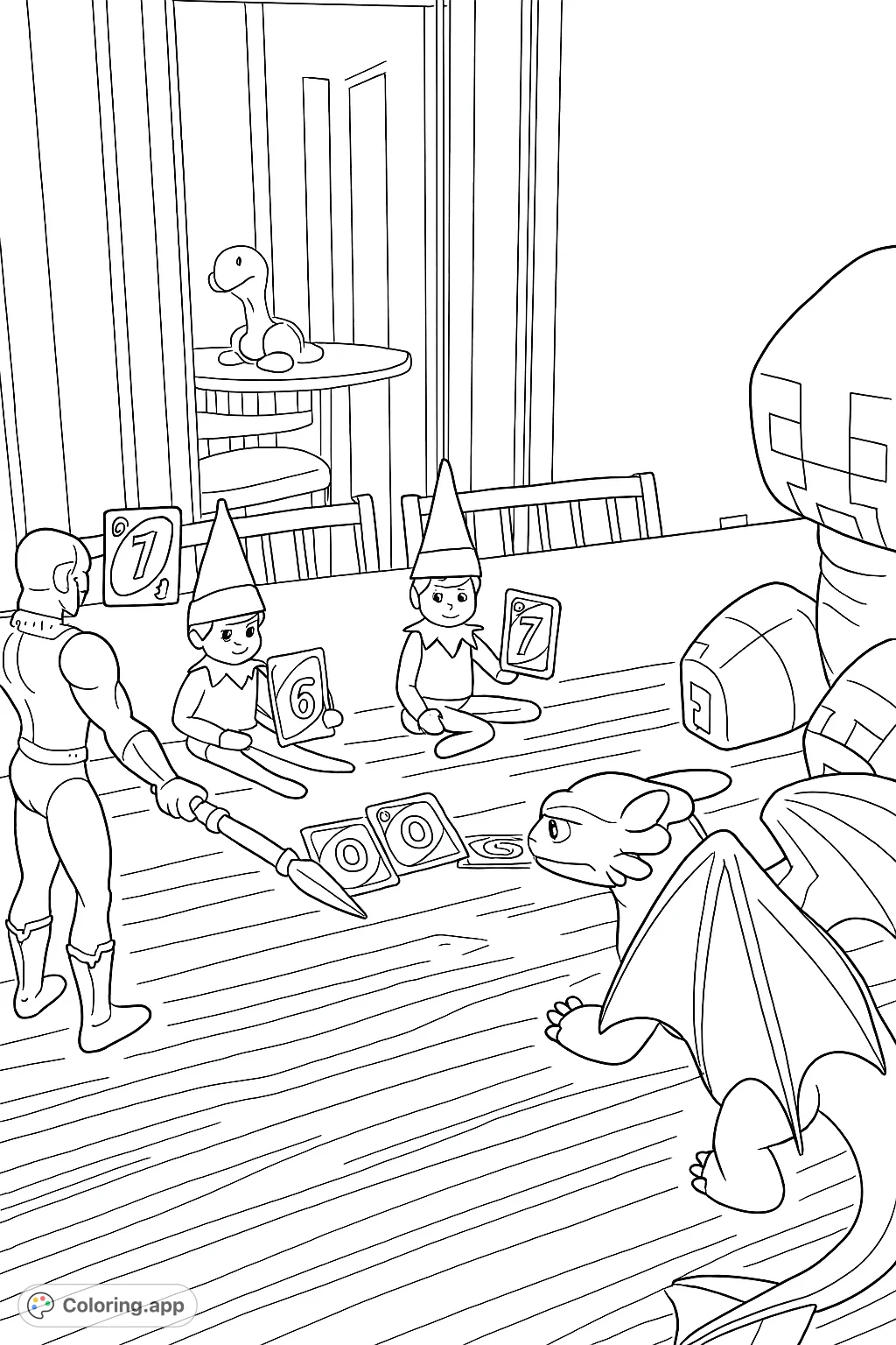 A delightful scene of elf figures and action toys engaged in a card game on a tabletop. Perfect for imaginative play and fun coloring!