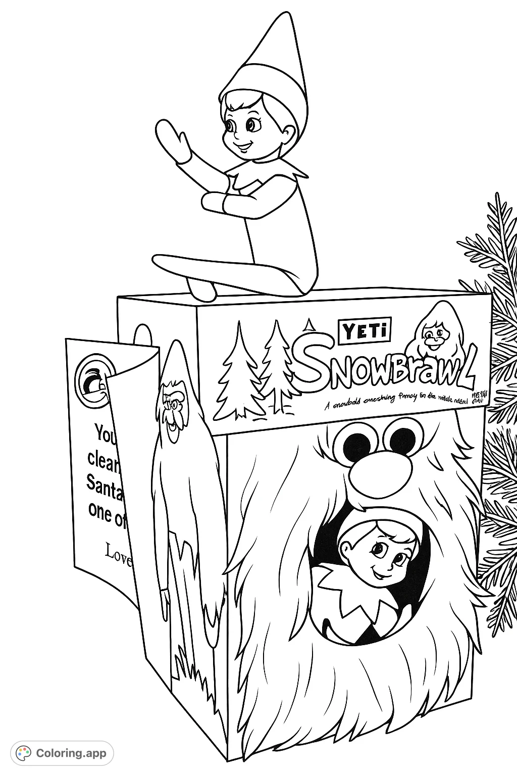 An adventurous elf perched on a festive box, while another peeks from a friendly yeti. A playful holiday scene perfect for imaginative coloring fun.