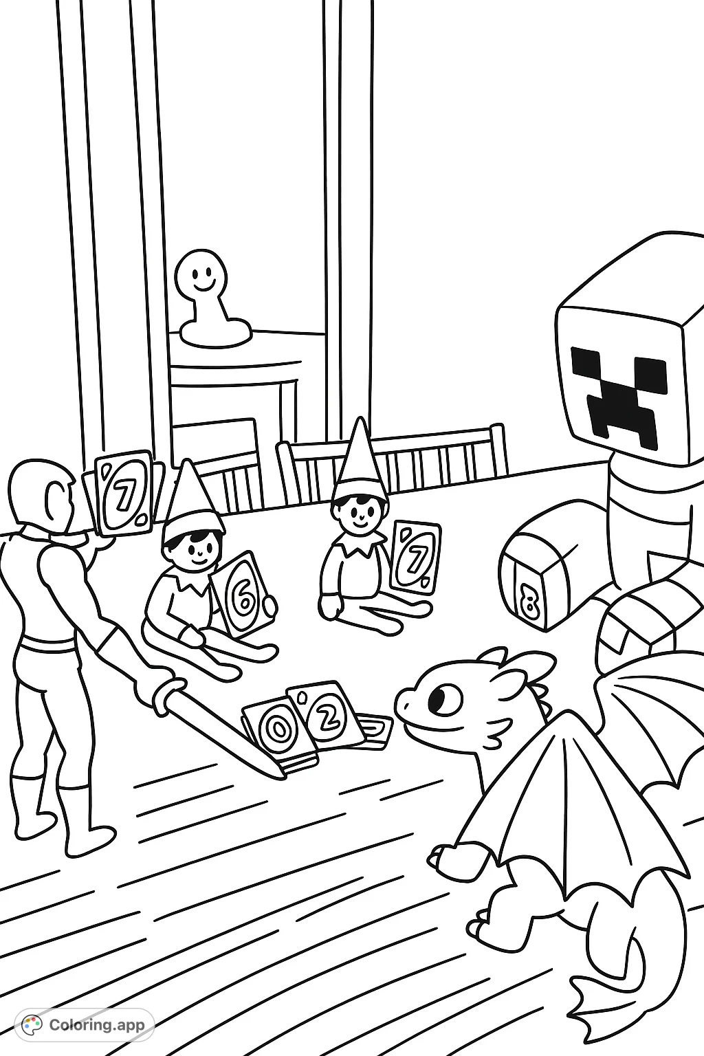 Join these mischievous elves and their toy friends for a festive card game night! A playful Christmas scene perfect for young artists. Free printable fun!