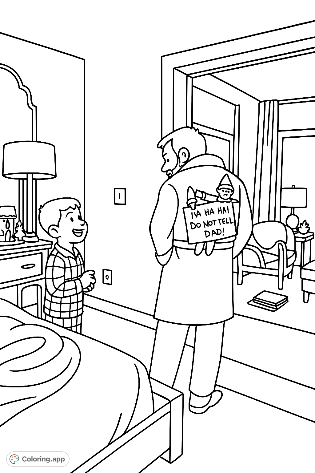 Mischievous elves play a funny trick on Dad, taped to his back with a silly message. A boy watches the holiday fun unfold in this Christmas coloring page!
