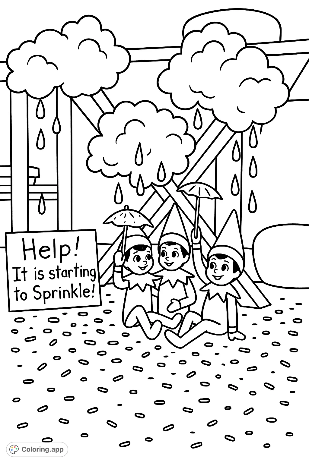 Join mischievous elves caught in a sprinkle downpour! A fun Christmas coloring page for kids, perfect for holiday cheer and creative playtime.