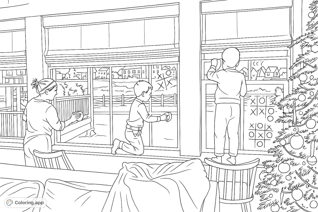 A family enjoys cleaning windows, with playful Tic-Tac-Toe games drawn on the glass, bringing a cheerful touch to household chores.