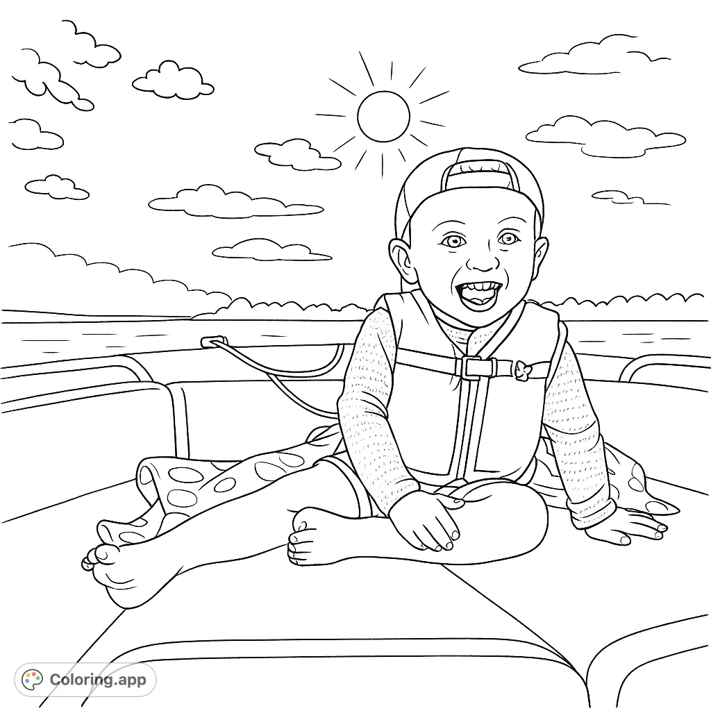 A delightful coloring page featuring a smiling child on a boat, perfect for an imaginary water adventure. Great for inspiring creativity and fun!