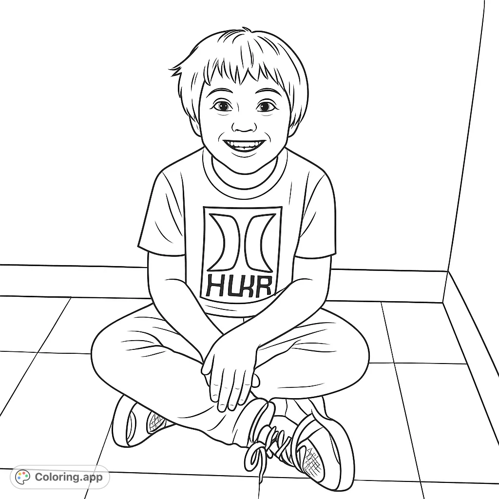 A cheerful boy sits cross-legged, smiling broadly against a simple background. A delightful page for kids to personalize, fostering creativity and relaxation.