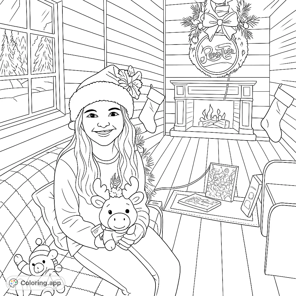 A heartwarming festive scene featuring a smiling girl in a Santa hat, cuddling a reindeer toy in a cozy cabin setting with a snowy window and fireplace decorations.