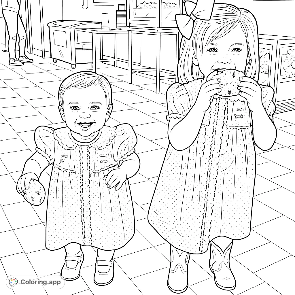 Two joyful children in patterned dresses, holding cookies, invite colorists to bring their smiles to life in a delightful indoor scene.