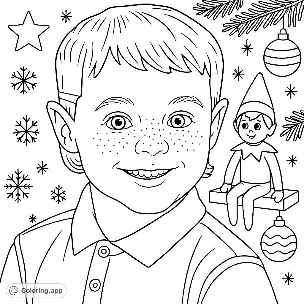 A joyful boy ready for festive fun, imagined with Christmas Elf on the Shelf. This free printable Christmas elf coloring page brings holiday cheer for kids!