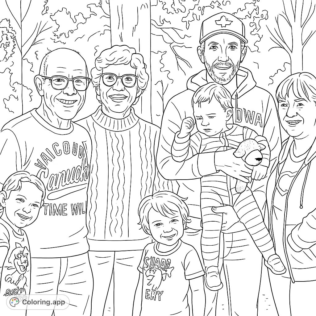 Capture the warmth of family with this multi-generational portrait. Grandparents, parents, and children share a happy moment outdoors, perfect for coloring.