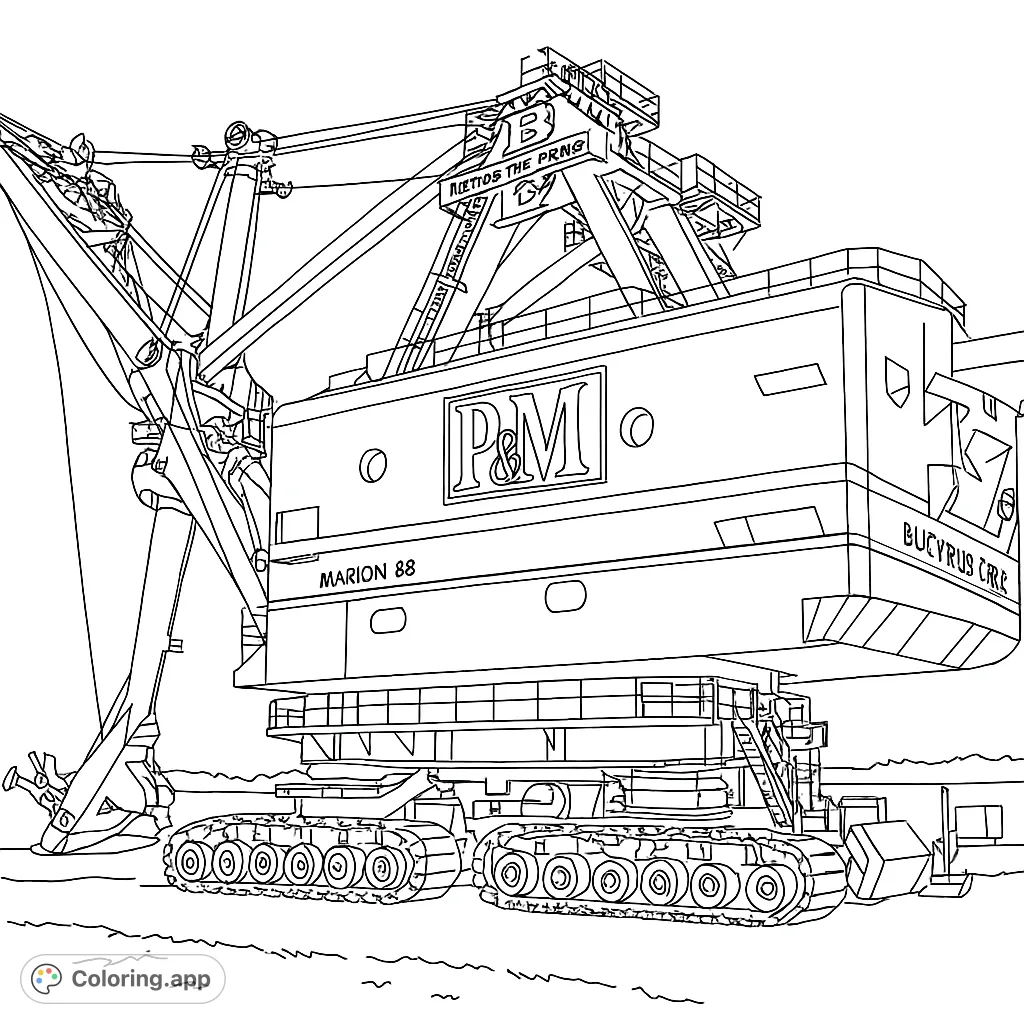 Explore the immense scale of a colossal mining excavator. This detailed heavy machinery coloring page features intricate structures and powerful design for industrial enthusiasts.