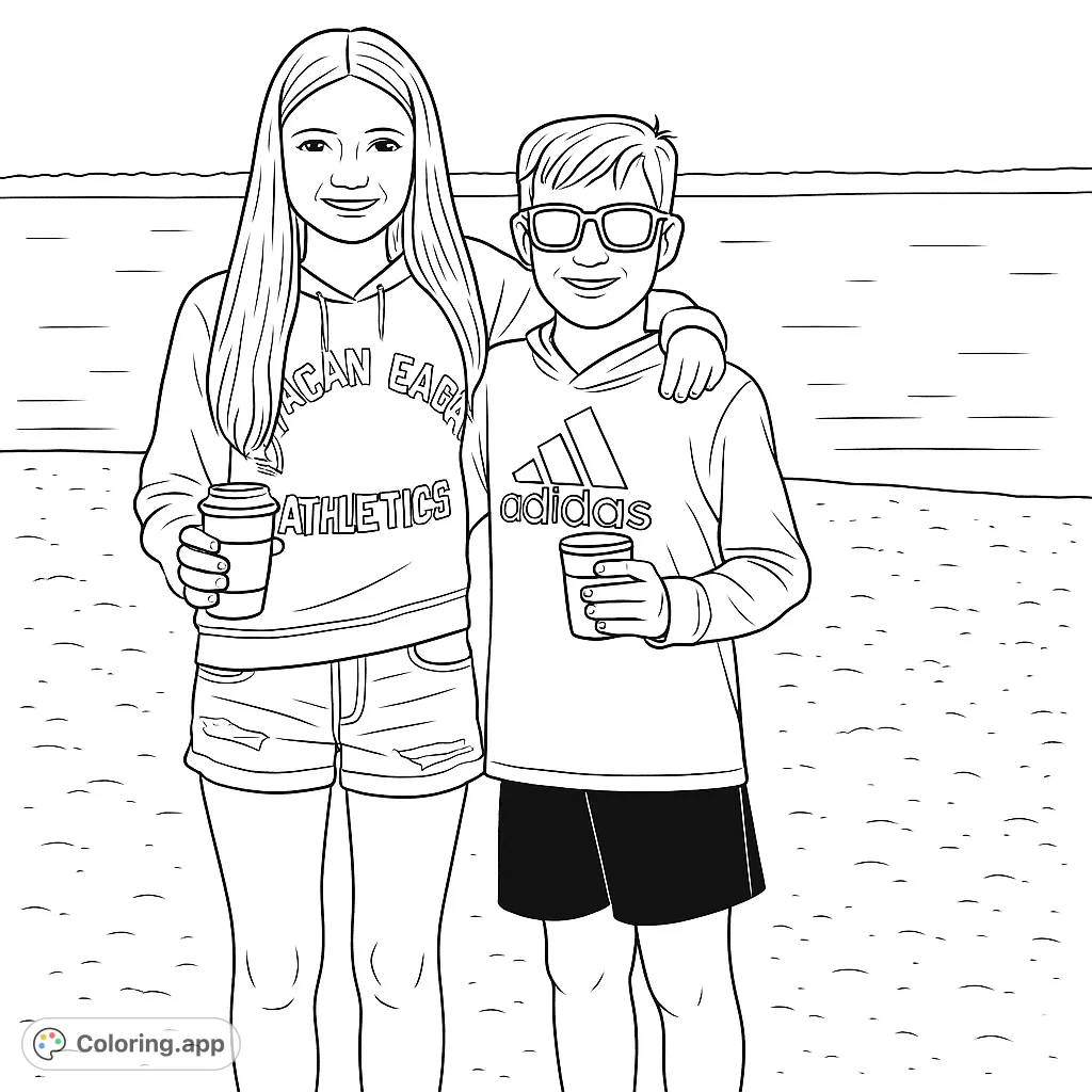 Capture a serene moment on the sandy shore with two friends enjoying a day by the water, perfect for a relaxing coloring escape.