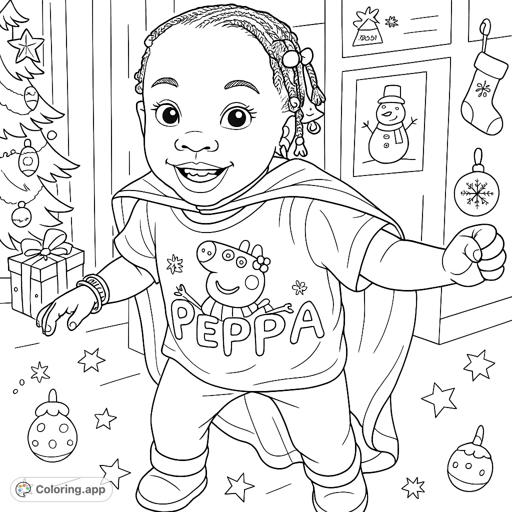 An adorable child dressed as a superhero with a flowing cape and joyful expression, ready for festive adventure. A fun, free printable coloring page for kids.