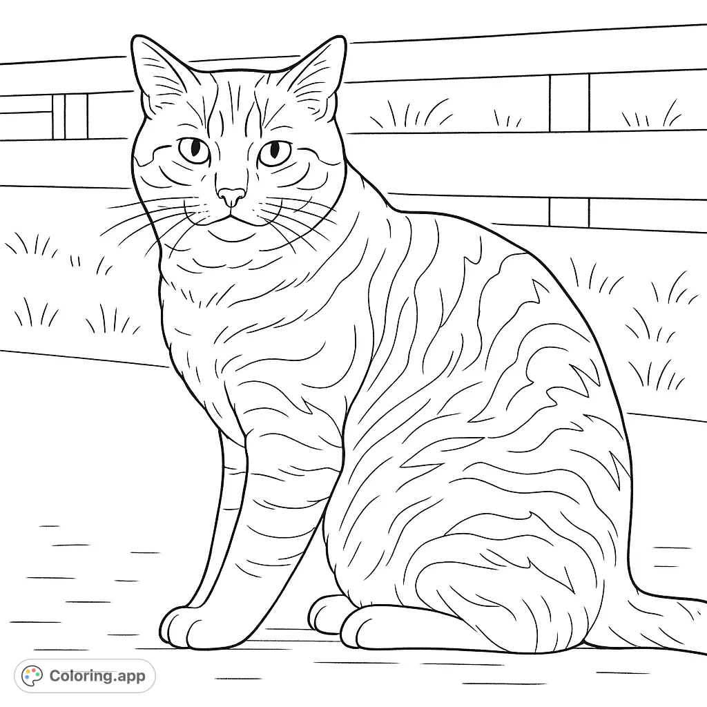 A charming tabby cat sits calmly, inviting colorists to bring its textured fur and friendly gaze to life on a tranquil outdoor background.