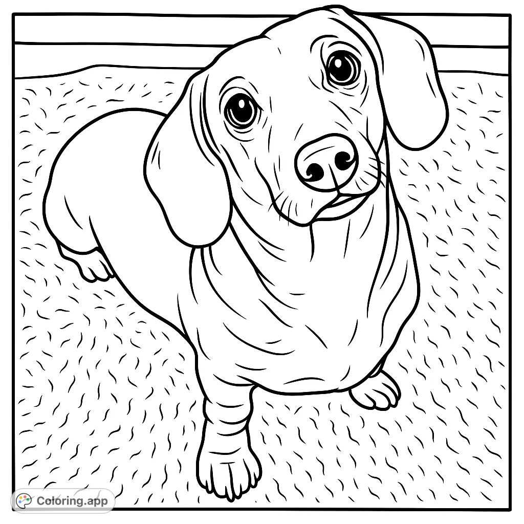 An adorable dachshund with a charming head tilt and soulful eyes. Perfect for dog lovers, this page offers delightful details for coloring.
