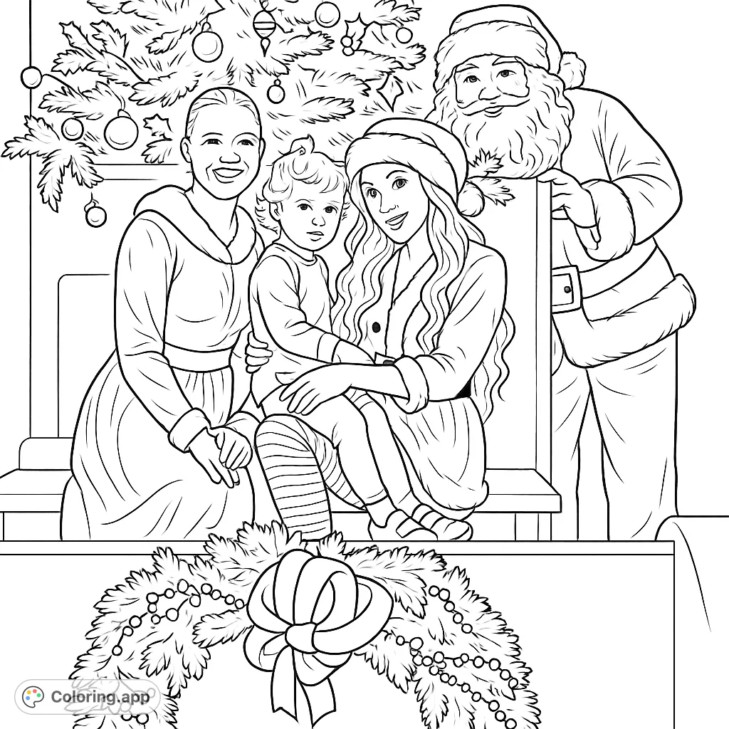 Capture the spirit of the holidays! This detailed festive scene features joyful characters, a decorated tree, and a beautiful wreath, perfect for creative expression.