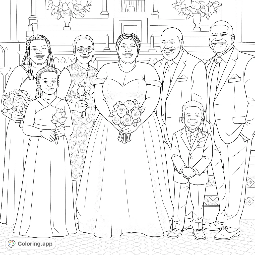 A joyful wedding party, including the bride, groom, and attendants, gathered in a celebratory moment in a church setting, ready for coloring.