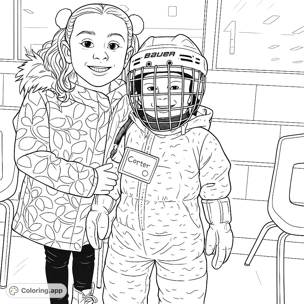 Capture a heartwarming moment of two siblings ready for winter adventures. A girl with a patterned coat and a boy in a hockey helmet smile.