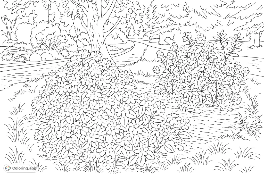 A serene garden path bordered by magnificent rhododendron bushes in full bloom. A tranquil scene perfect for mindful coloring and relaxation.